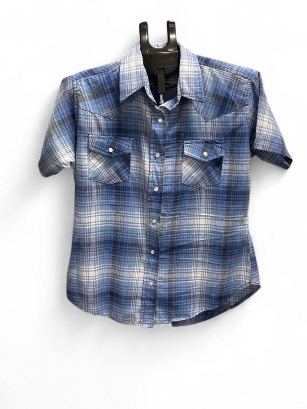 Blue Plaid Short-Sleeve Western Button-Up Blouse